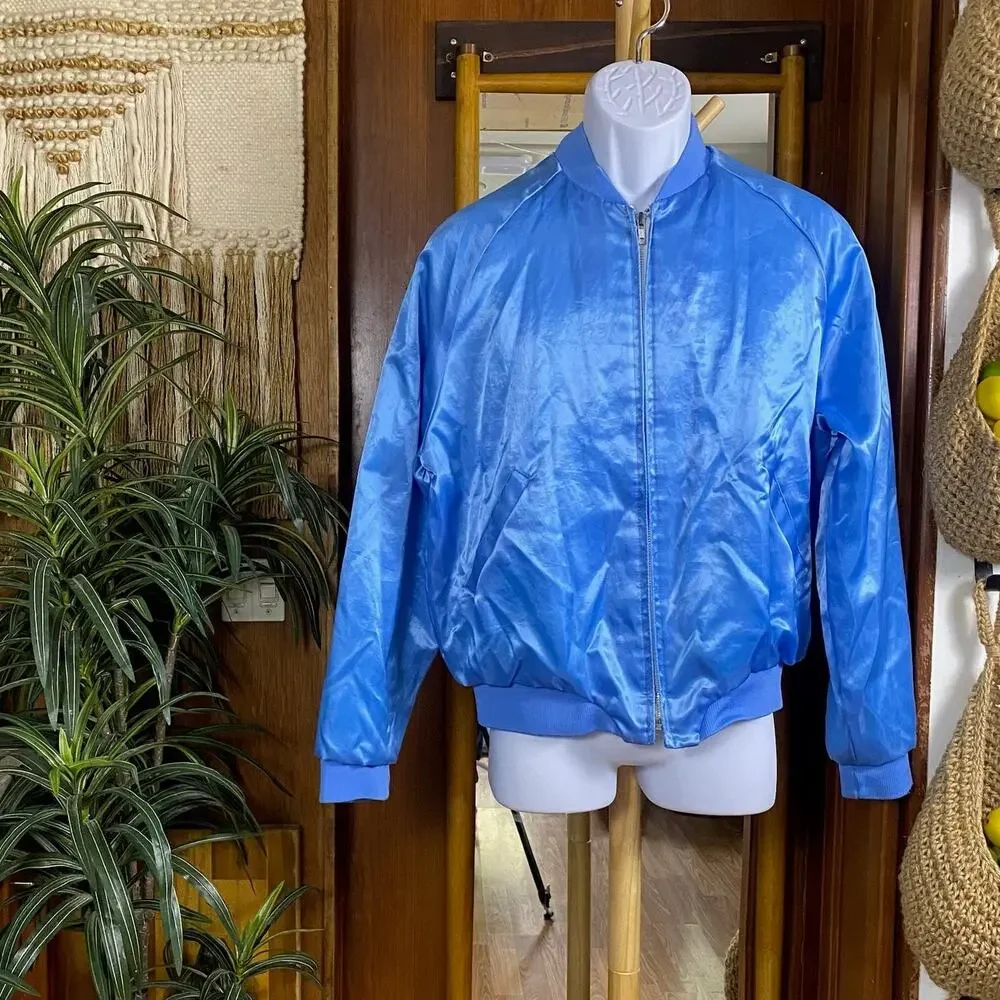 Margarita Ville Satin Bomber Jacket Mens M Blue Parrot Palm Bar Souvenir Vintage